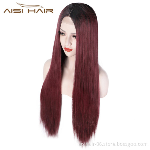 Aisi Hair Long Ombre Red Dark Root Wig Silky Straight Lace Frontal Wig Middle Part Synthetic Front Lace Hair Wigs For Women